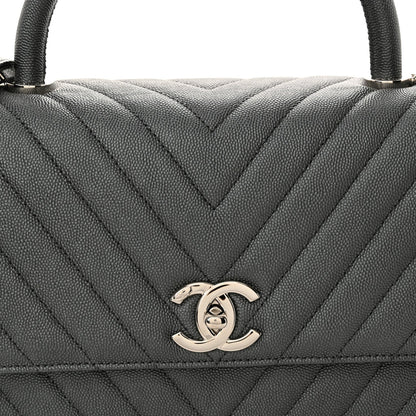Metallic Caviar Chevron Quilted Small Coco Handle Flap Dark Silver