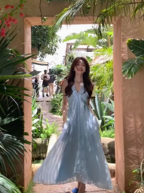French holiday style light blue plaid halter neck suspender dress forest style beautiful long skirt R0222