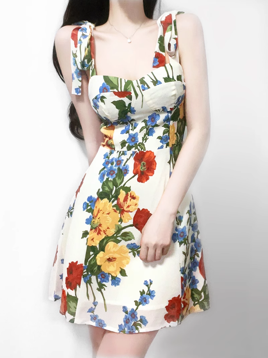 2025 Summer New French Waist Sexy Printed Short Holiday Suspender Dress R0972