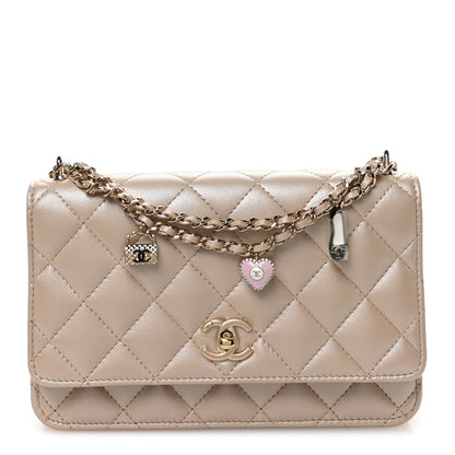 Pearly Lambskin Quilted Charms Wallet On Chain WOC Beige