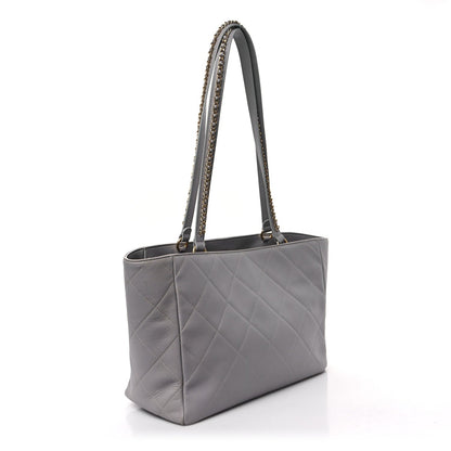 Calfskin Quilted Book Pocket Shopping Tote Grey