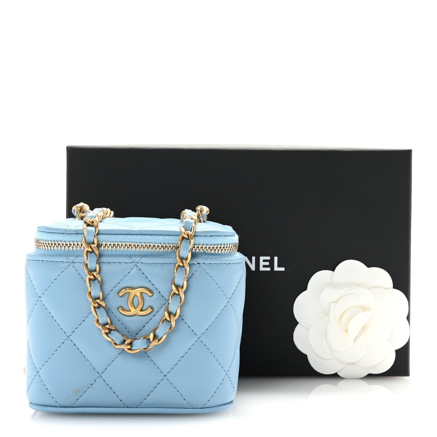 Lambskin Quilted Pearl Crush Mini Vanity Case With Chain Light Blue