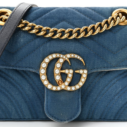 Denim Matelasse Mini Pearly GG Marmont Shoulder Bag Blue
