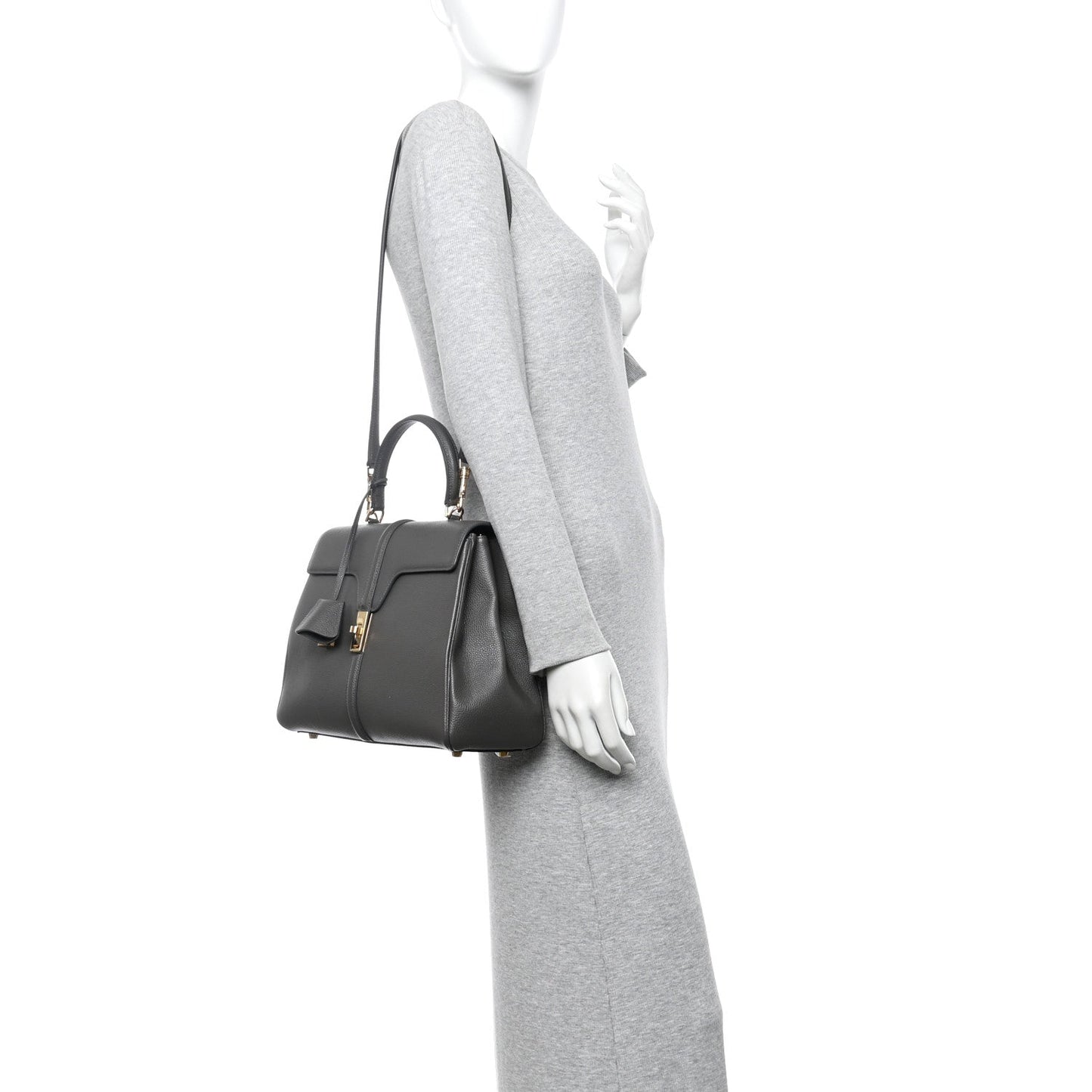 Grained Calfskin Small 16 Top Handle Bag Medium Grey