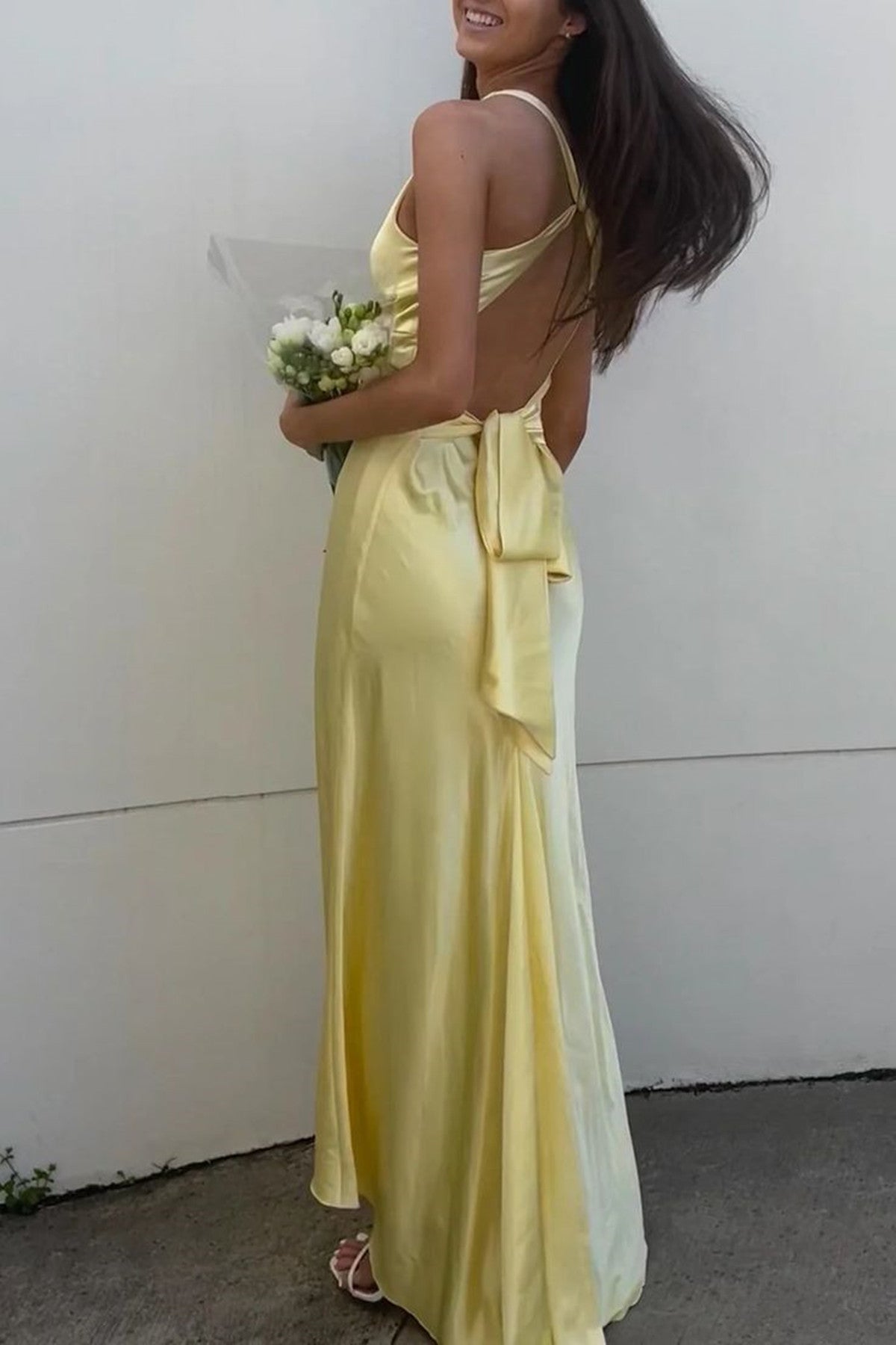 Light Yellow V-neckline Cross Back Satin Evening Dress, Light Yellow Prom Dress