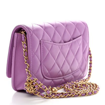Lambskin Quilted CC Pearl Crush Wallet on Chain WOC Purple