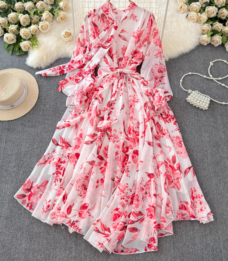 French elegant dress spring dress with bow tie collar slim fit long swing chiffon holiday dress R0351