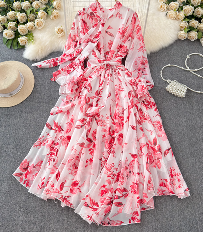 French elegant dress spring dress with bow tie collar slim fit long swing chiffon holiday dress R0351