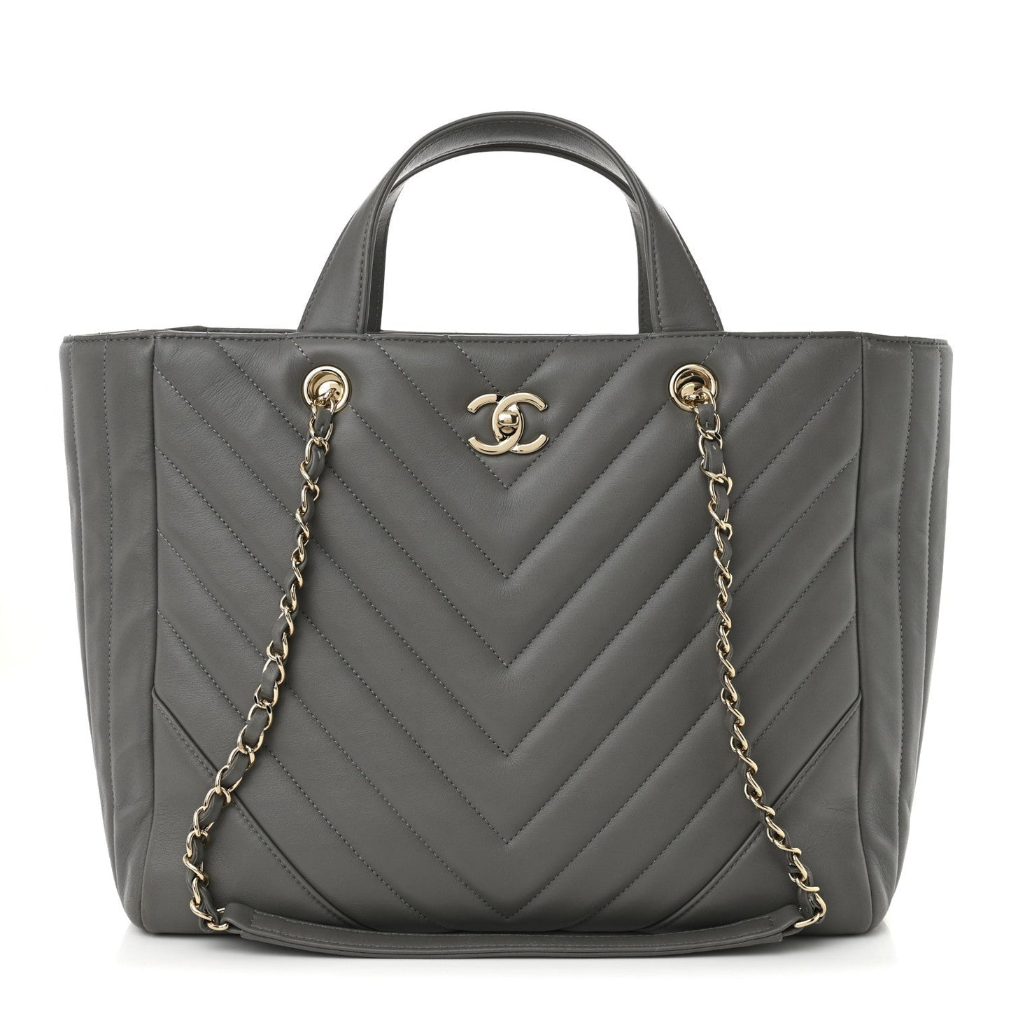 Calfskin Chevron Quilted Statement Shopping Tote Grey
