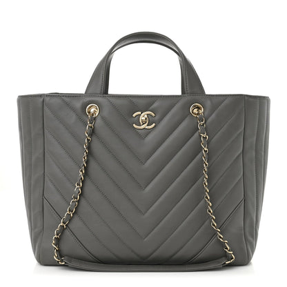 Calfskin Chevron Quilted Statement Shopping Tote Grey