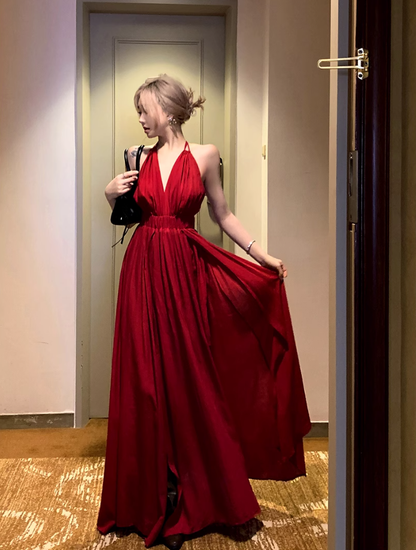 Fairy lace halter neck red dress holiday beach dress deep v backless slit long dress R1740