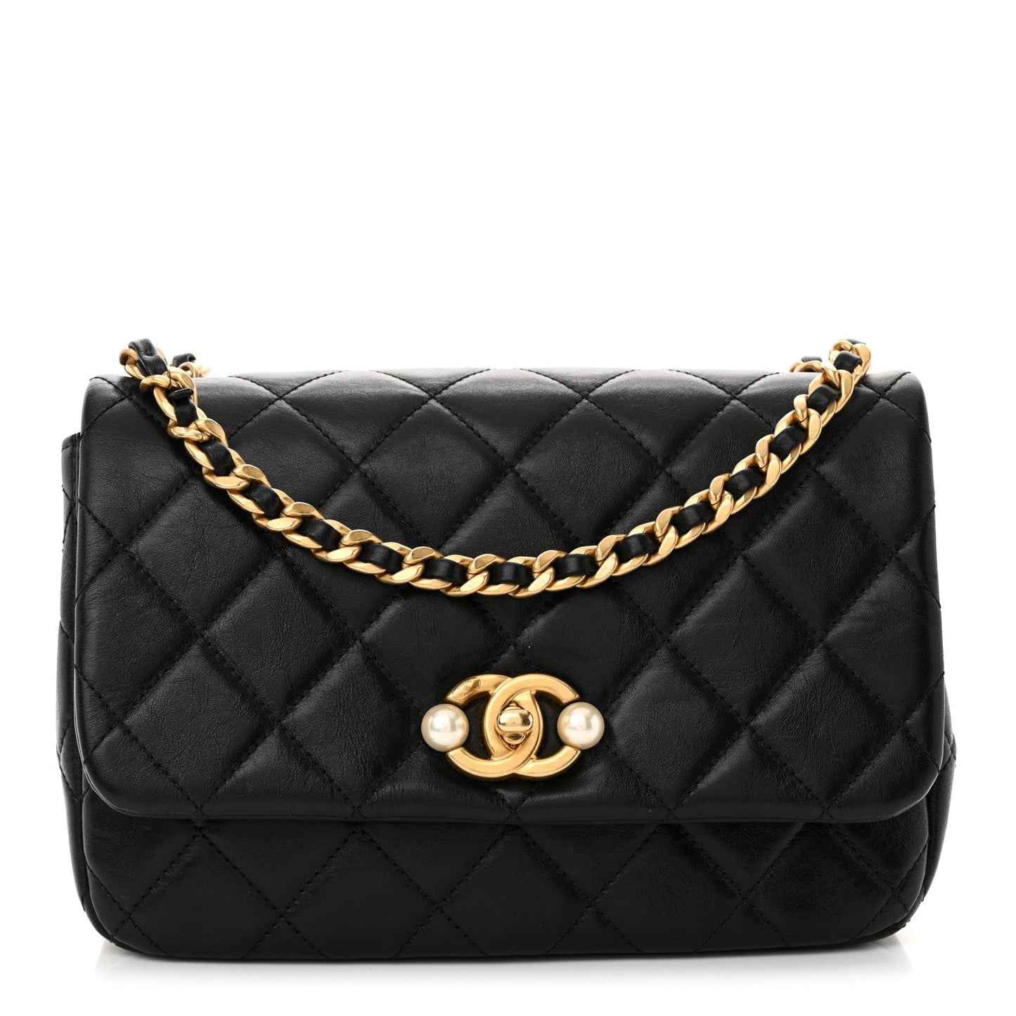 Glazed Calfskin Quilted Pearl Side Flap Black