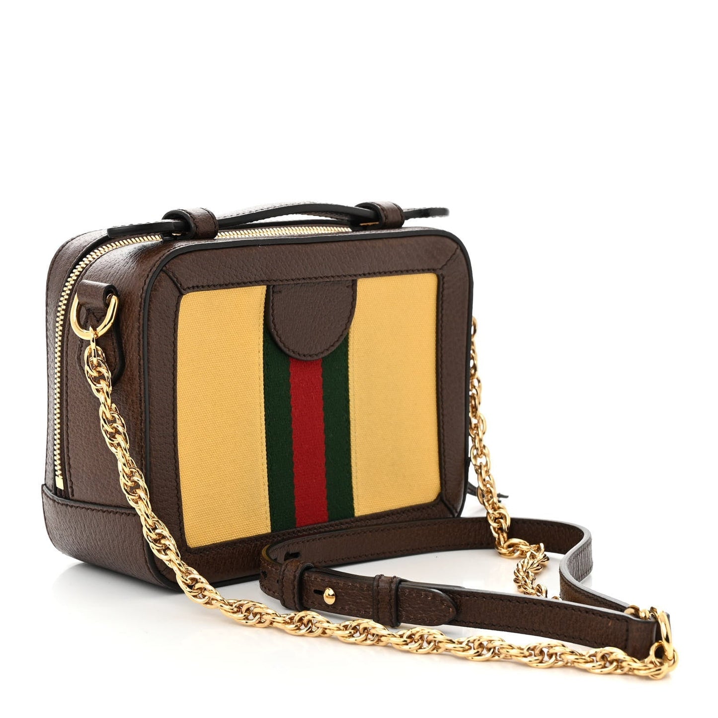 Canvas Textured Calfskin Web Mini Ophidia Top Handle Shoulder Bag Easy  Yellow Dark Brown