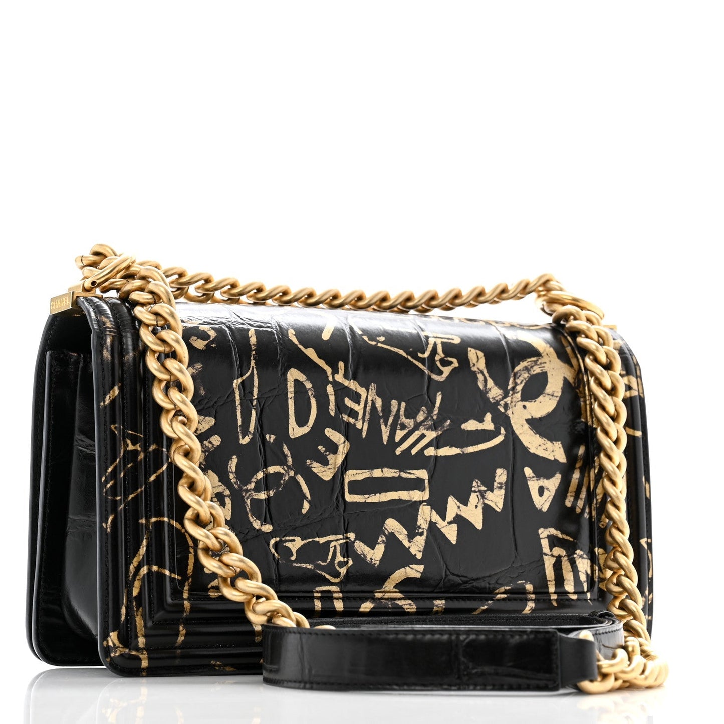 Calfskin Crocodile Embossed Graffiti Cocodile Medium Boy Flap Black