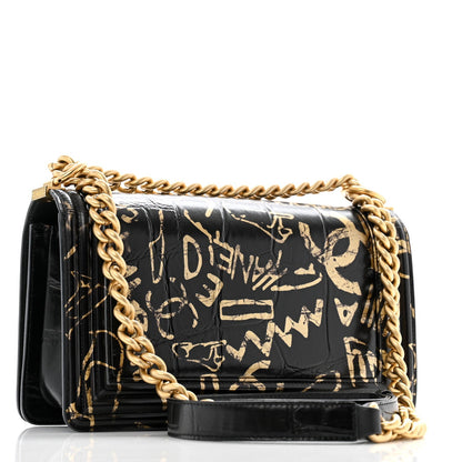 Calfskin Crocodile Embossed Graffiti Cocodile Medium Boy Flap Black