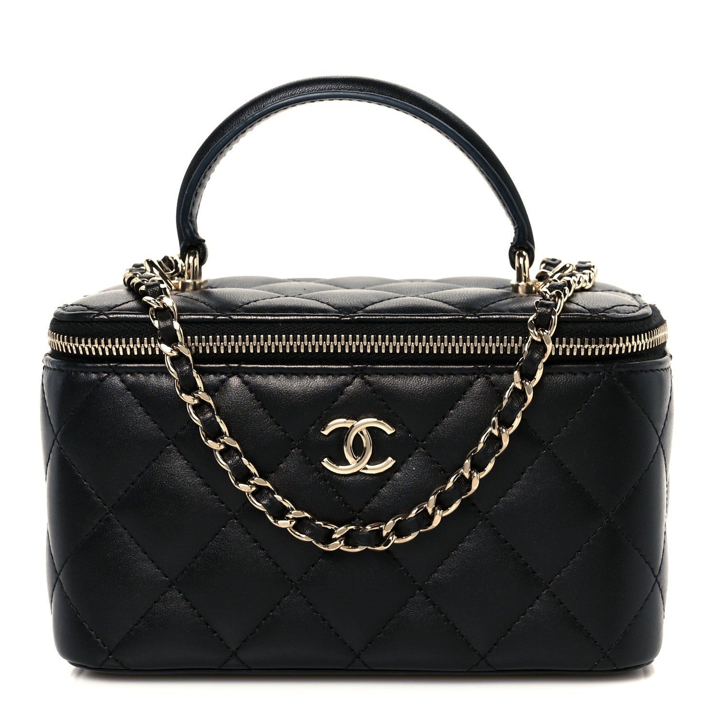 Lambskin Quilted Small Top Handle Vanity Case With Chain Black