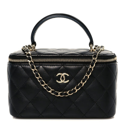 Lambskin Quilted Small Top Handle Vanity Case With Chain Black