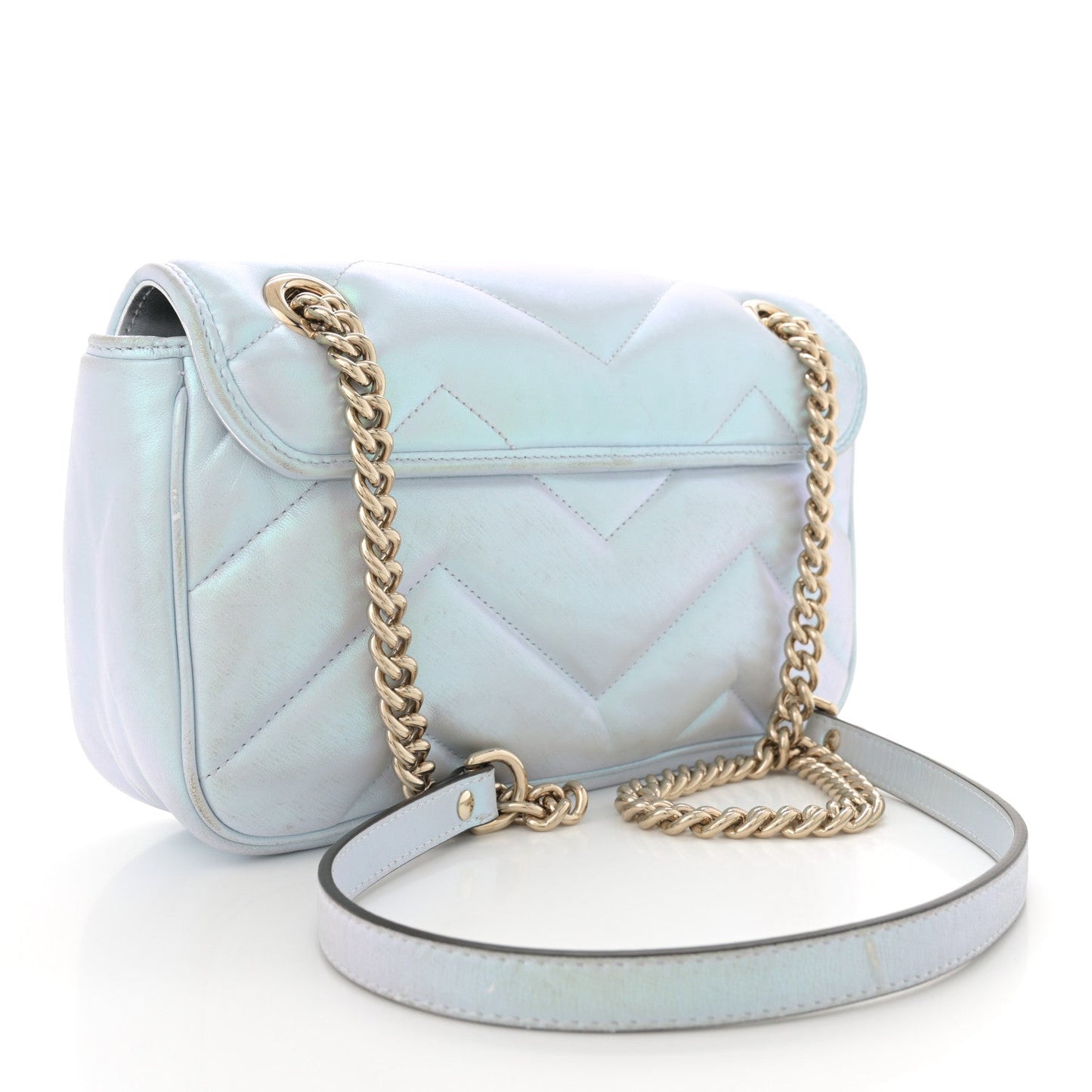 Iridescent Nappa Chevron Matelasse Small GG Marmont Shoulder Bag Iridescent Snow Light Blue