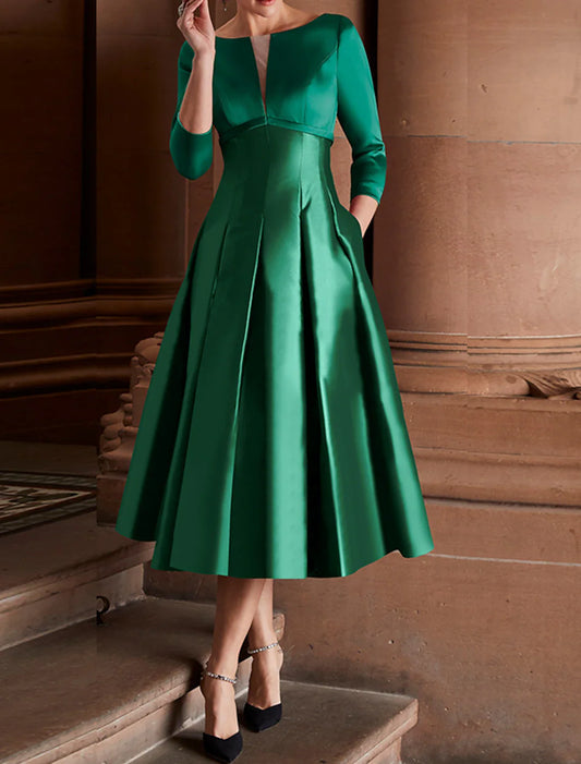 A-Line Cocktail Dresses Minimalist Dress Christmas Red Green Dress Wedding Guest Tea Length 3/4 Length Sleeve Jewel Neck Fall Wedding Guest Satin with Pleats 2026