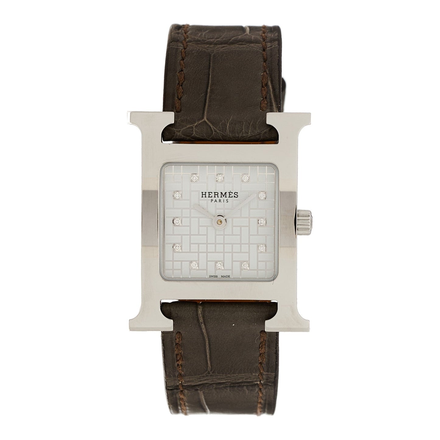 Stainless Steel Alligator Diamond Mother of Pearl 21mm Heure H Hour Quartz Watch Gris Perle