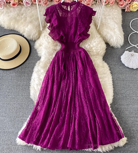 Lace round neck dress long sleeves fashionable slim fit elegant ruffled long skirt dress skirt R0396