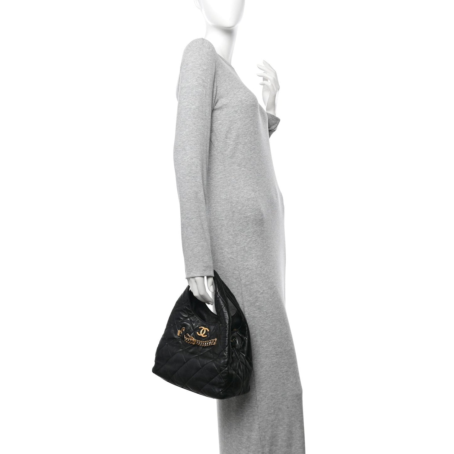 Shiny Lambskin Quilted CC Belt Shopping Bag Black