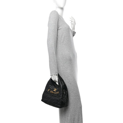 Shiny Lambskin Quilted CC Belt Shopping Bag Black