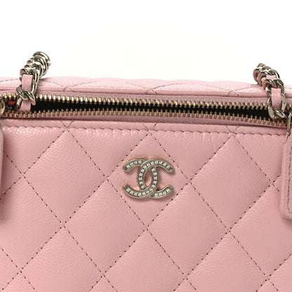 Caviar Quilted Crystal CC Logo Vanity Case With Chain Pink