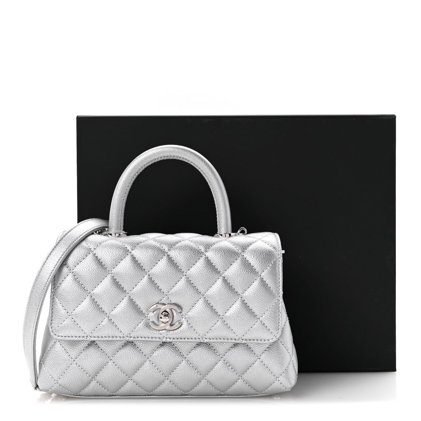 Metallic Caviar Quilted Mini Coco Handle Flap Silvery