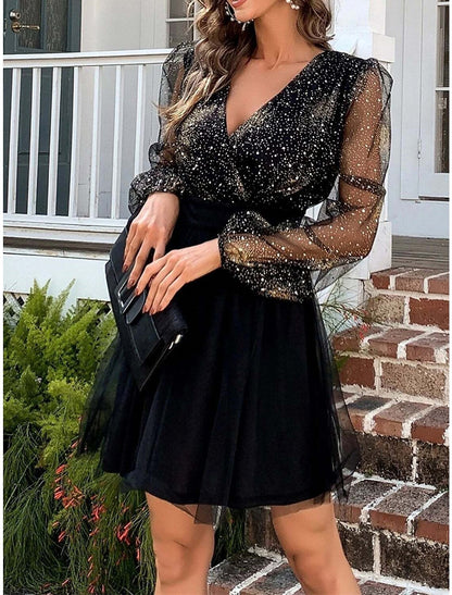 Women‘s Little Black Dress Sexy Dress Party Dress Homecoming Dress Mini Dress Long Sleeve Color Block Ruched Fall Winter V Neck Fashion Winter Dress Black Cocktail Dress