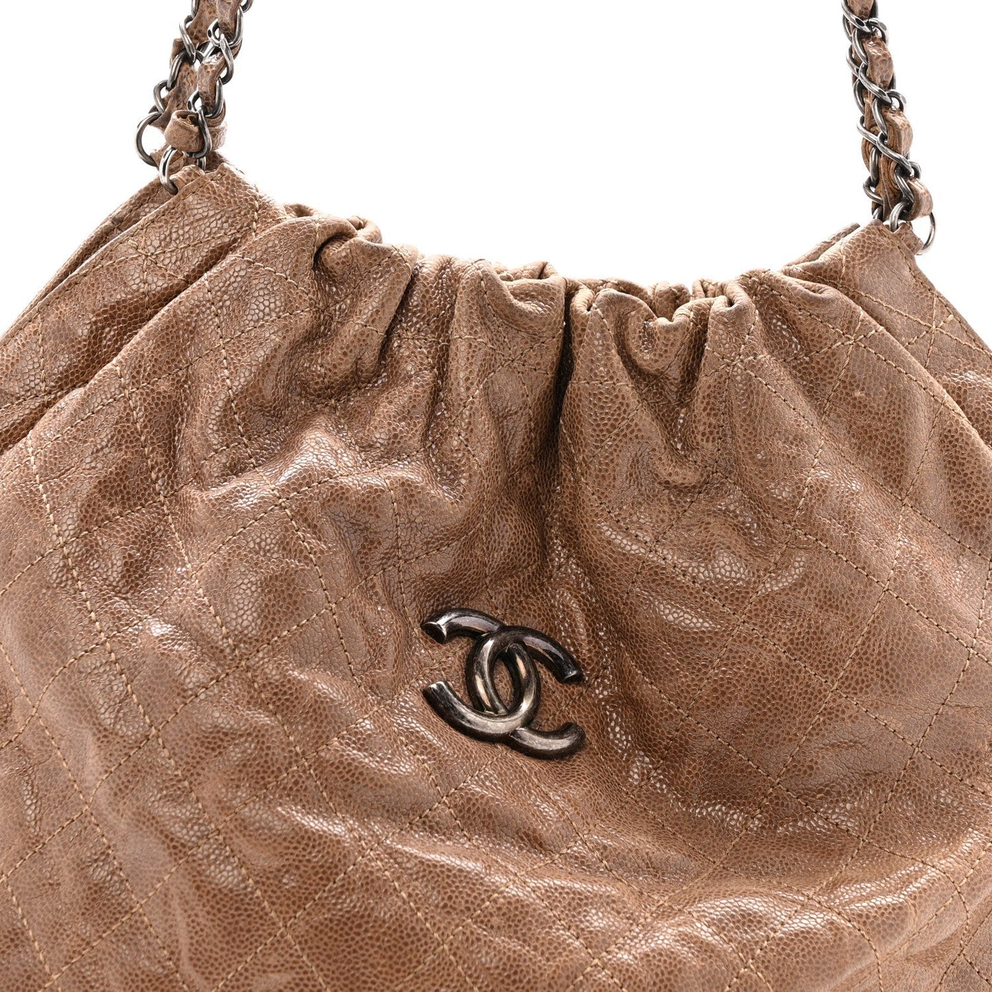 Distressed Glazed Caviar Quilted Large Elastic Tote Brown