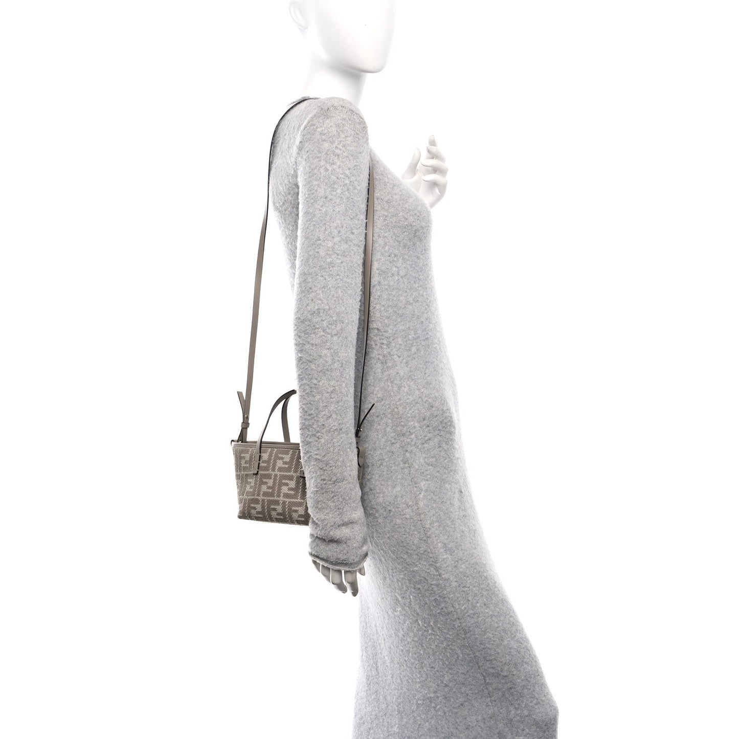 Denim Jacquard FF Effect Vitello Grace Mini Roll Tote Dove White Dove