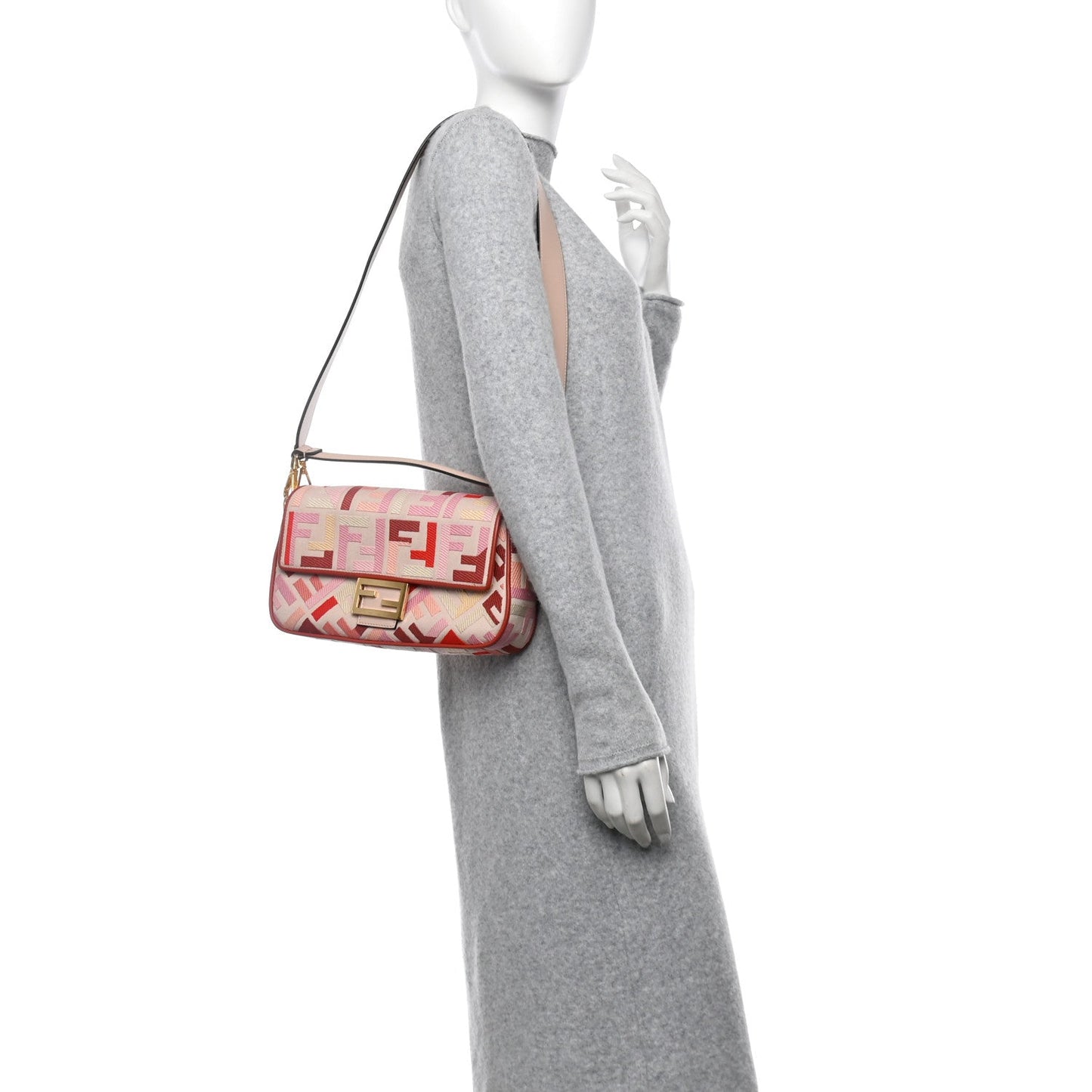 Canvas Vitello King FF Embroidered Baguette Rosa Quarzo Bloody Mary Multicolor