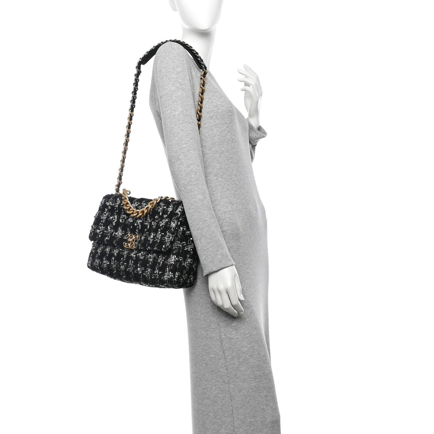 Tweed Quilted Large Chanel 19 Flap Black Silver Ecru