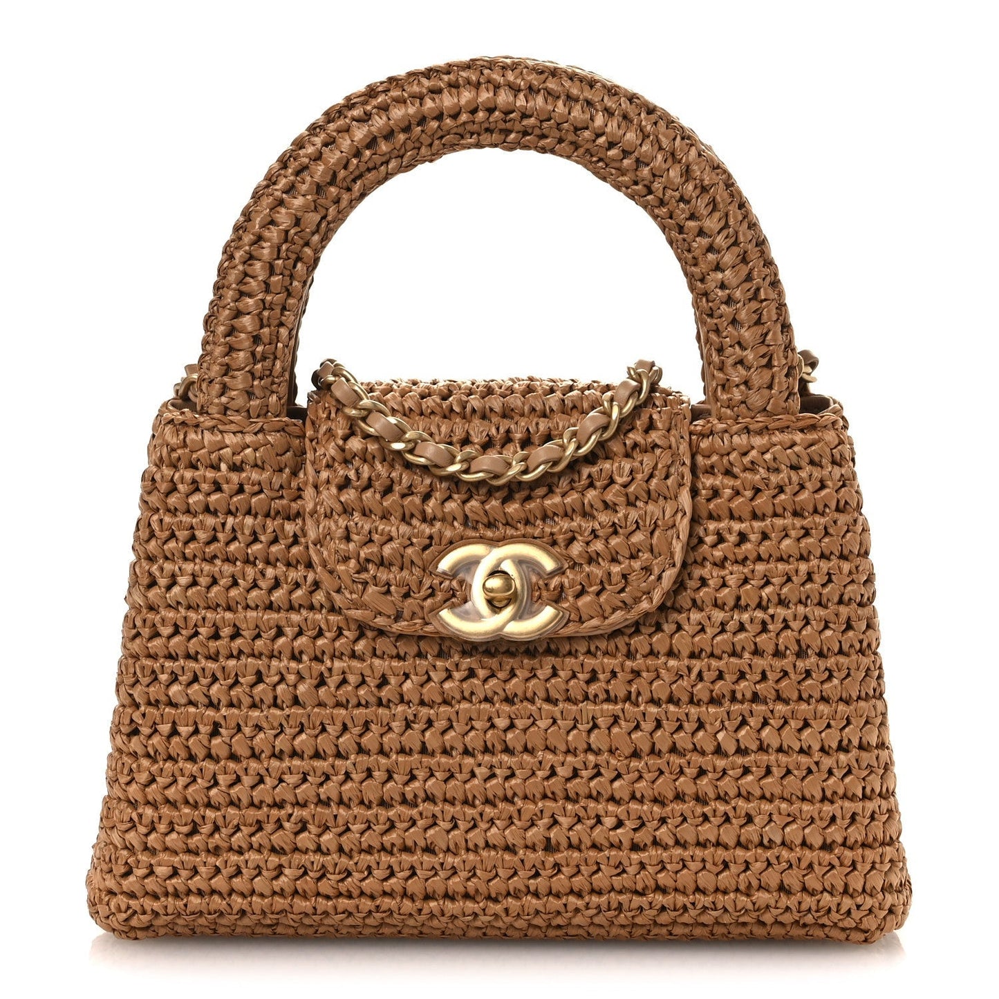 Braided Raffia Nano Kelly Flap Bag Dark Beige