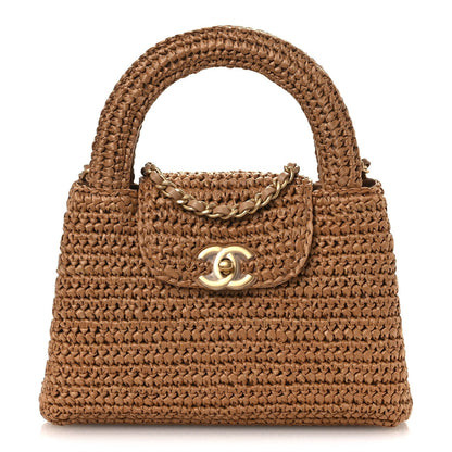 Braided Raffia Nano Kelly Flap Bag Dark Beige