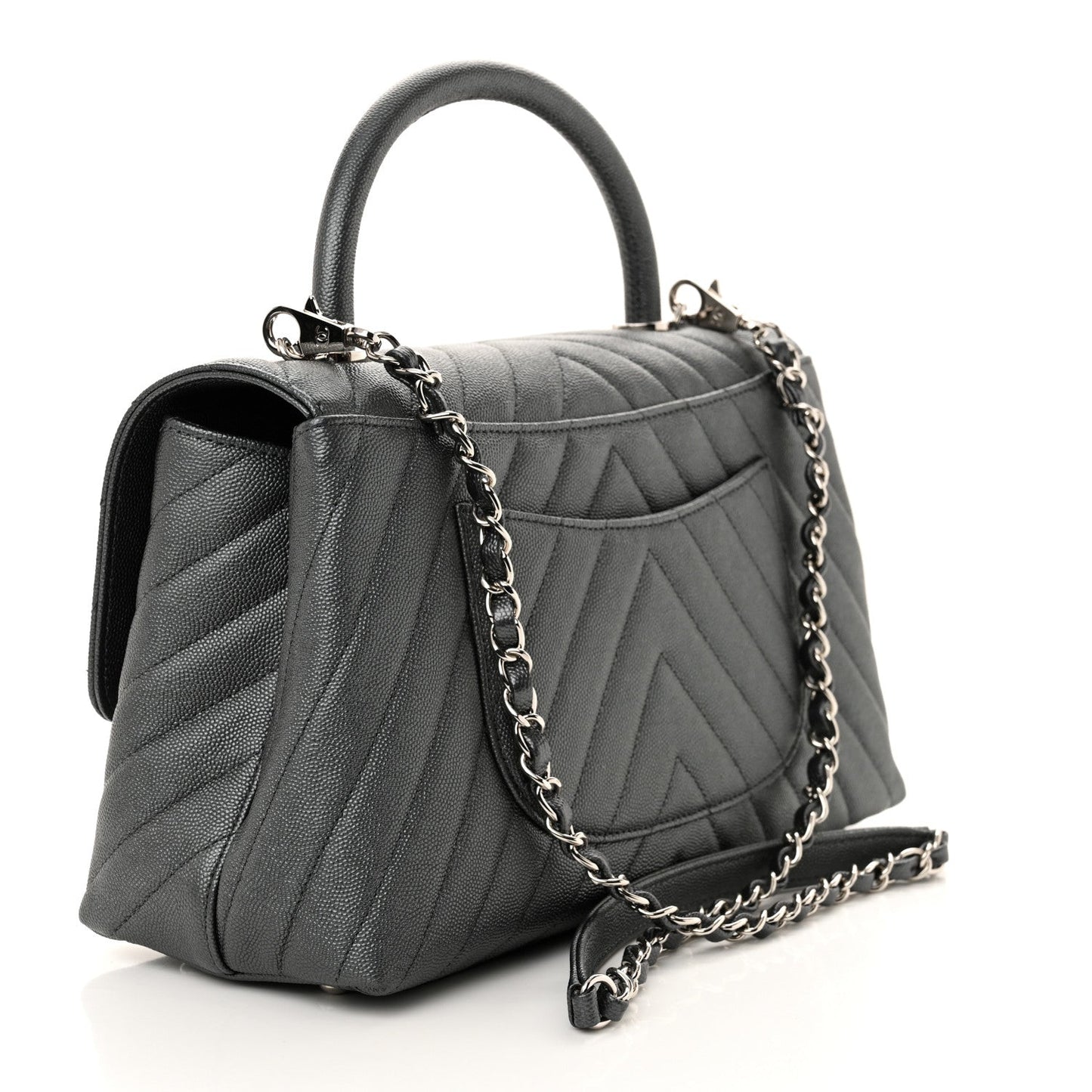 Metallic Caviar Chevron Quilted Small Coco Handle Flap Dark Silver