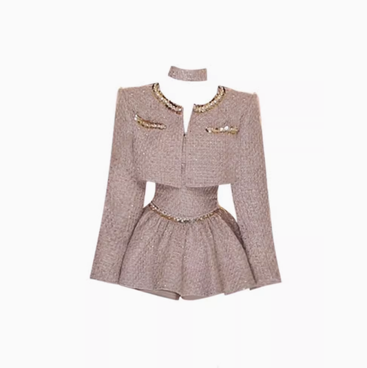 2025 sequined Chanel jacket with a sense of gold and elegant lady fluffy skirt suit R1253