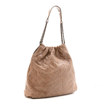 Distressed Glazed Caviar Quilted Large Elastic Tote Brown