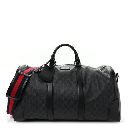 Soft GG Supreme Monogram Appia Calfskin Web Large Carry On Duffle Bag Black Grey