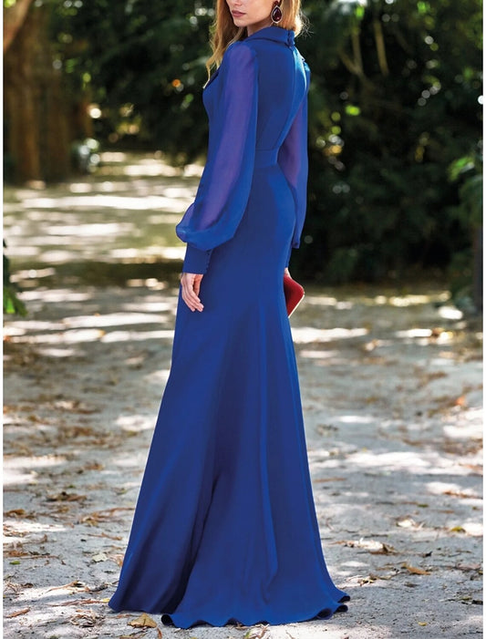 A-Line Evening Gown Elegant Dress Formal Fall Sweep / Brush Train Long Sleeve V Neck Fabric with Buttons Slit