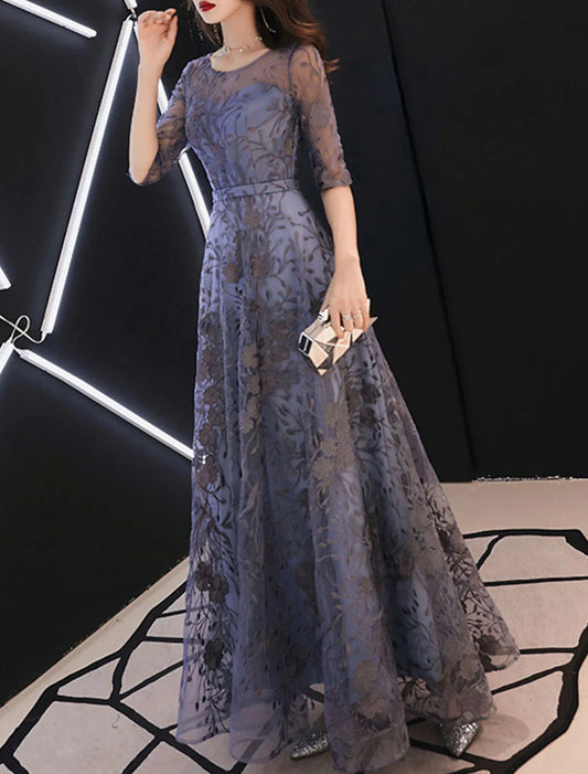 A-Line Evening Gown Floral Dress Wedding Guest Formal Evening Floor Length Half Sleeve Jewel Neck Tulle with Embroidery Pattern / Print 2026
