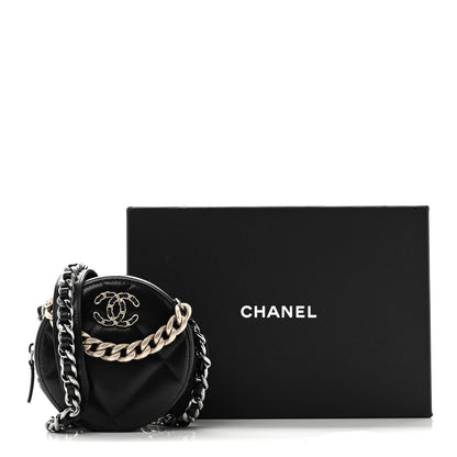 Shiny Goatskin Quilted Chanel 19 Round Clutch With Chain Black
