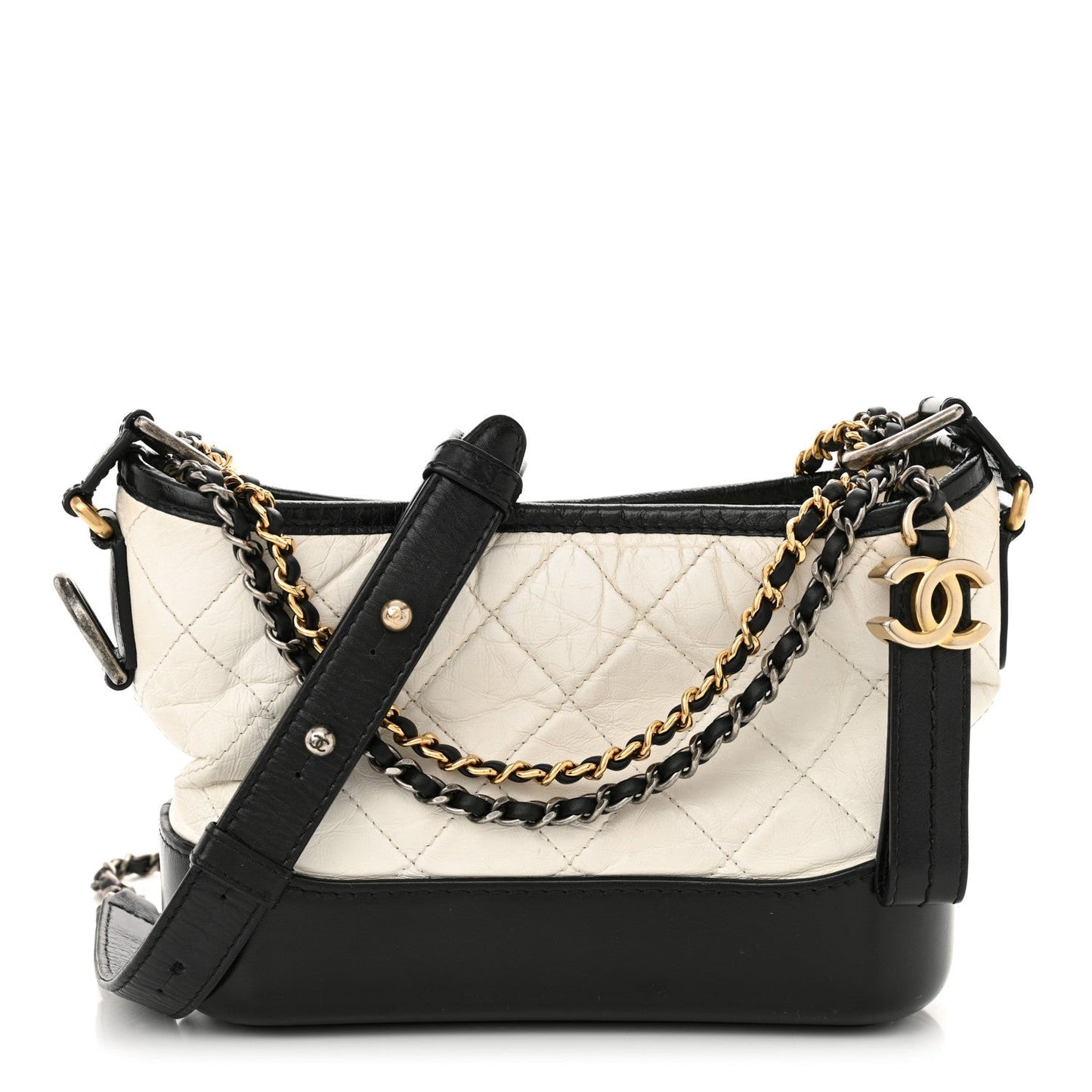 Aged Calfskin Quilted Small Gabrielle Hobo Black White