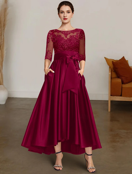A-line Christmas dress bride's mother's dress formal wedding guests elegant high-low boat collar asymmetrical satin lace 3/4 long sleeves with lace belt/ribbon 2026