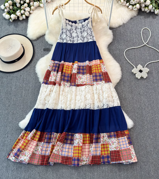 2025 dress dopamine vintage floral plaid art splicing temperament holiday suspender long skirt R0371