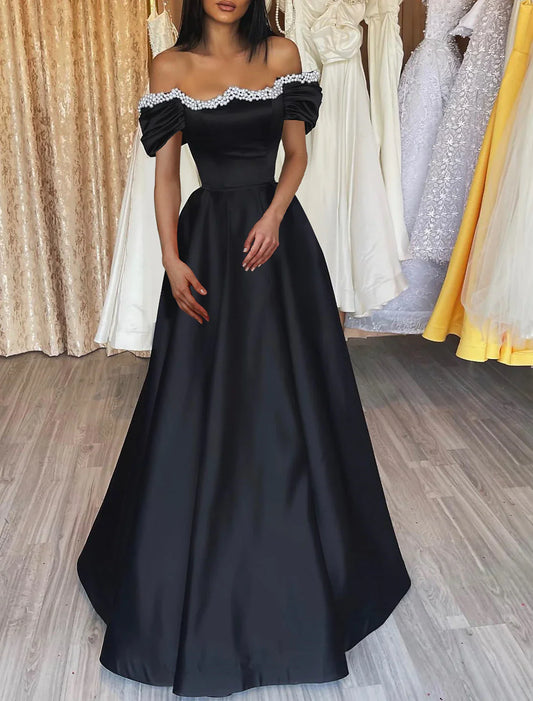 A-Line Evening Gown Gothic Dress Formal Wedding Party Floor Length Long Sleeve Off Shoulder Satin with Pearls 2026