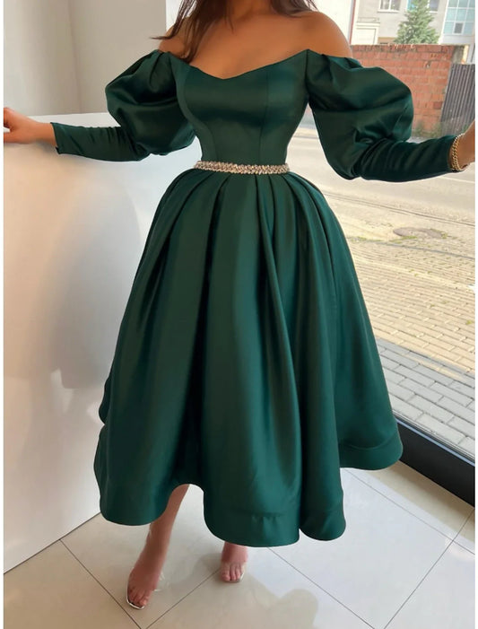 A-Line Evening Gown Elegant Dress Formal Tea Length Christmas Red Green Dress Long Sleeve Off Shoulder Satin with Pleats Crystals 2026
