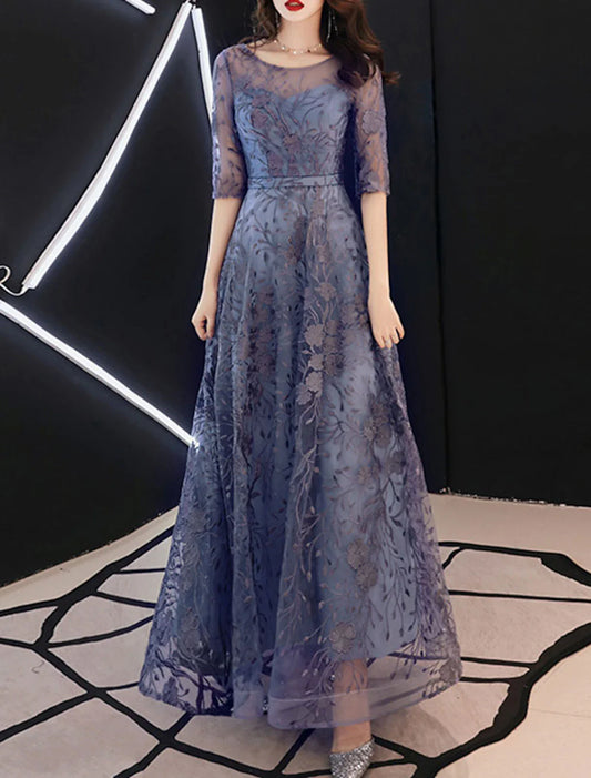 A-Line Evening Gown Floral Dress Wedding Guest Formal Evening Floor Length Half Sleeve Jewel Neck Tulle with Embroidery Pattern / Print 2026