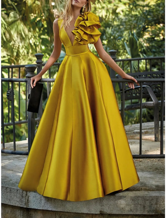 A-Line Evening Gown Party Dress Formal Wedding Guest Floor Length Sleeveless V Neck Satin with Shouder Flower 2026